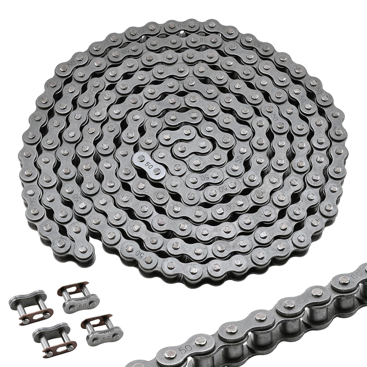 #50 Roller Chain, 10 Feet Carbon Steel Chain with 4 Free Connecting Links