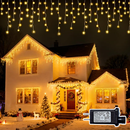 Christmas Outdoor Icicle Lights - 200 LED 21+16 FT 8 Modes Curtain Fairy String Light Plug in, Waterproof for Eaves