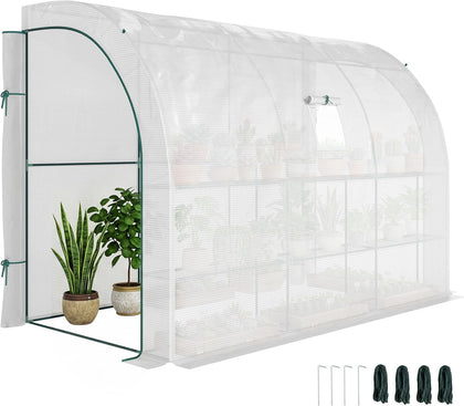 10' x 5' x 7' Lean to Greenhouse Walk-in Green House White | Plant Nursery, 2 Roll-up Doors, Windows, PE Cover, 3
