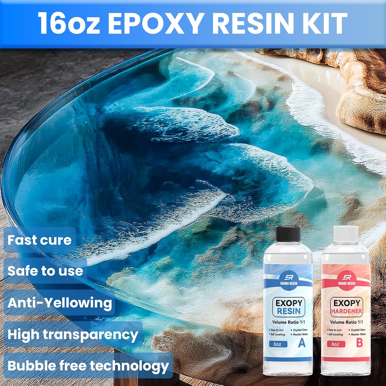 Clear Epoxy Kit 16 oz, Bubble Releasing 1:1 for Crafts | Clear 1:1 epoxy resin with strong bubble releasing flow for