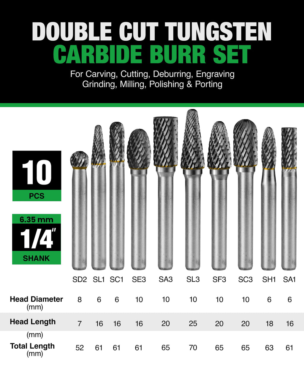 Carbide Burr Set 1/4" Shank 10-Pc 8mm Head with Clear Storage Box