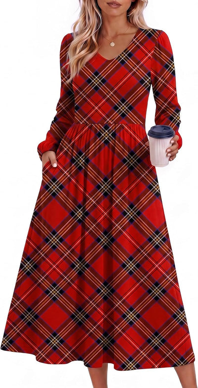 Midi Dresses Flare Loose Fit Navy Blue Long Sleeve Flowy Ladies