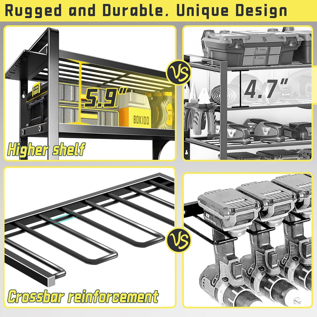 Power Tool Organizer Wall Mount,4 Layers Heavy Duty Storage Rack with 8 Drill Holder, Easy Installation, Tool