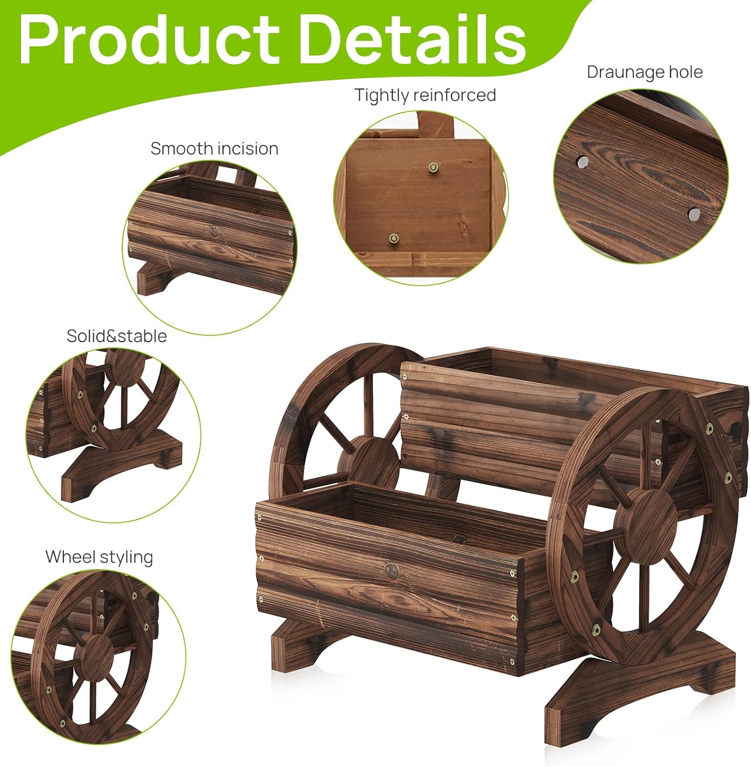Wooden Wagon Planter Cute Garden Flower Pots Cart with wheels, Outdoor Decoration decor Indoor, Drainage hole, Garden