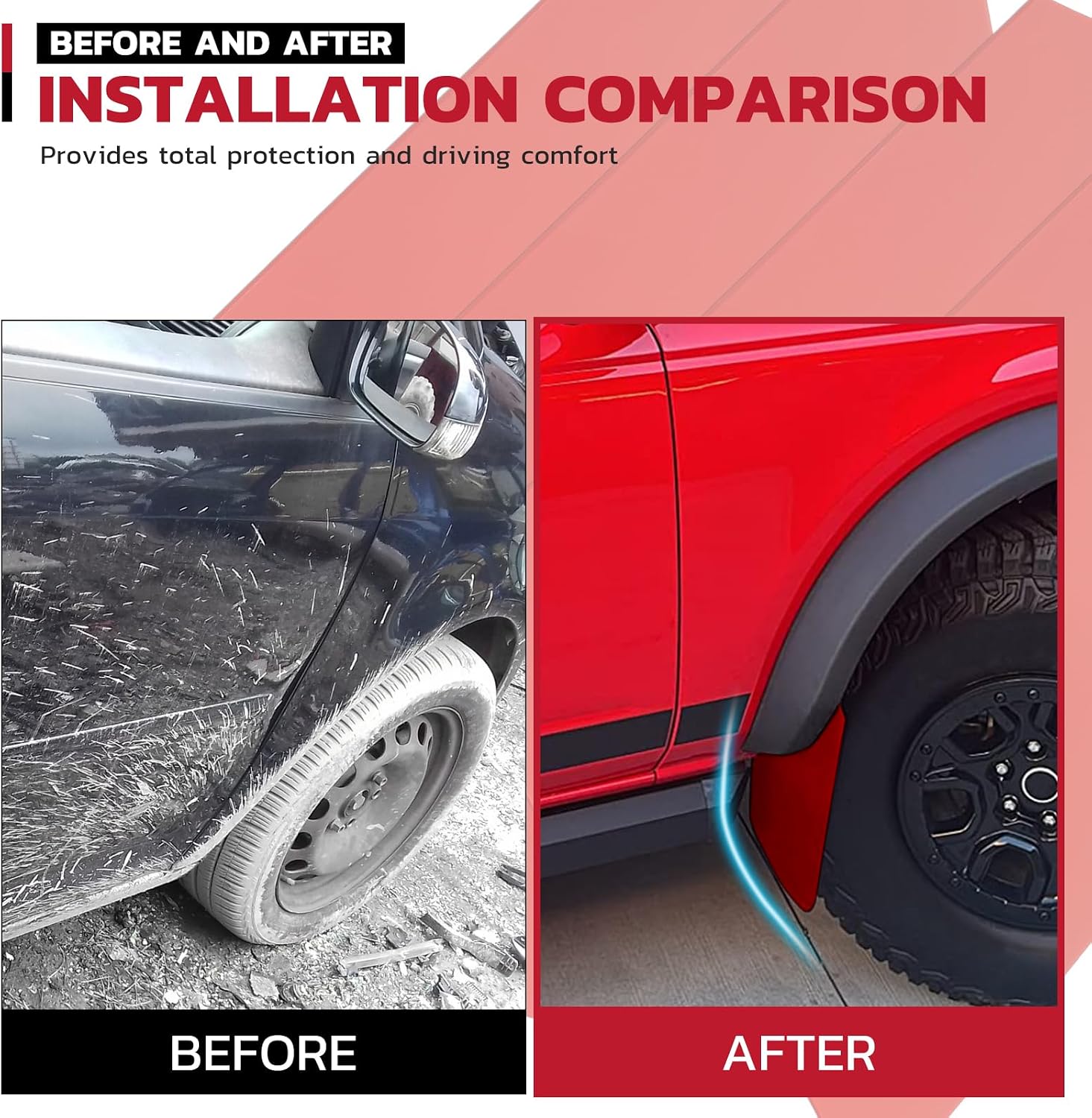 Car Mud Flaps 4PCS Universal Fit Red Splash Guards Flexible and Bendable Mudguard Fender Flare Cuttable Mudflap Car