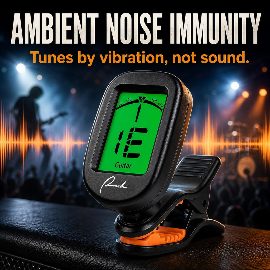 Clip-On Tuner for Guitar Bass Ukulele Violin Banjo - Chromatic | Vibration-Based Noise Immunity, 360° Rotatable