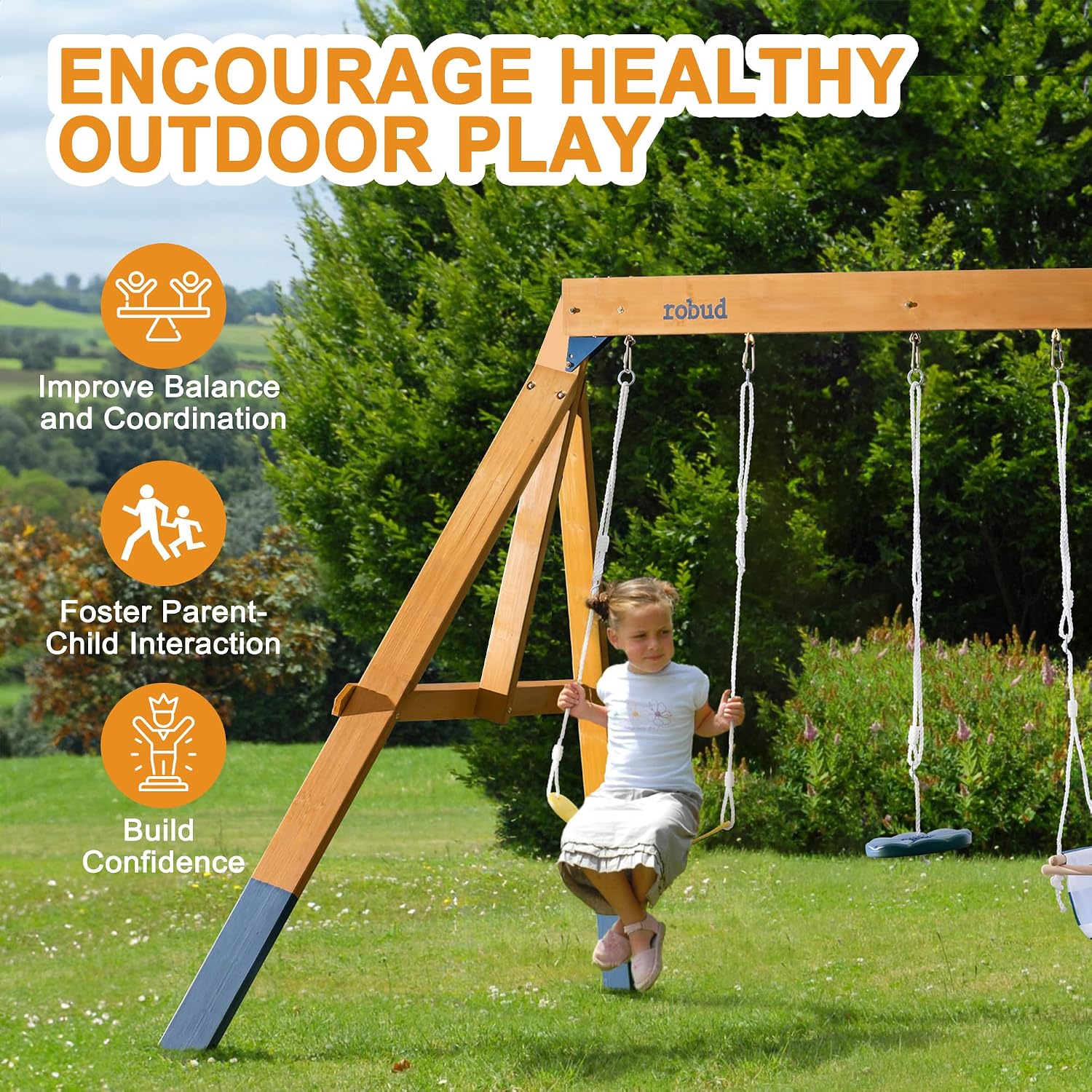3-in-1 Playground Wooden Swing Sets for Backyard, DIY Swing Sets with Tree Swing and 2 Toddler Swings, Kids Outdoor