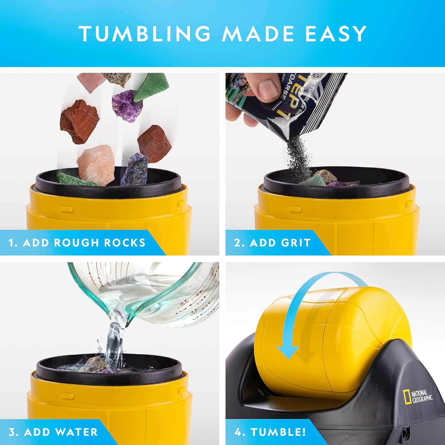 National Geographic Starter Rock Tumbler Kit for Kids and Adults | Leak-Proof Rubber Barrel, 1/2 Lb. Rough Gemstones