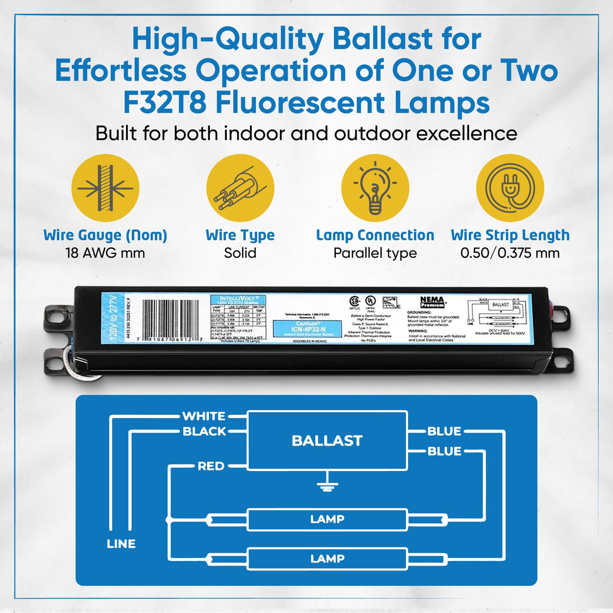 ICN4P32N, 120-277V, 50-60Hz Input Frequency, Solid Wire Type, Instant Start Centium Electronic Fluorescent Ballast