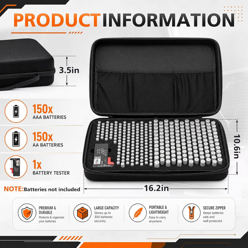 Large Capacity Battery Storage Case with Tester, Portable Organizer Bag for 300 AA & AAA Batteries, Household Home