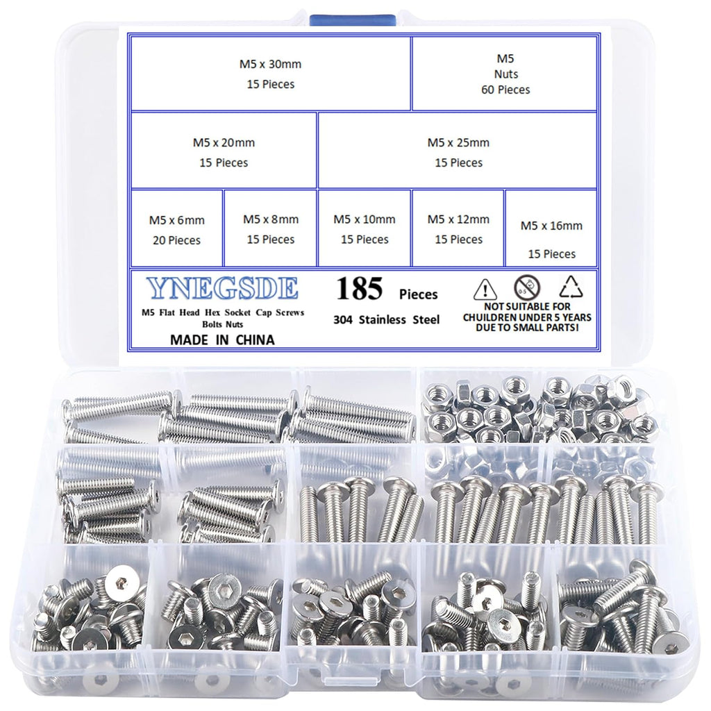 185Pcs M5 Metric Flat Head Hex Socket Cap Screws Bolts and Nuts Kit
