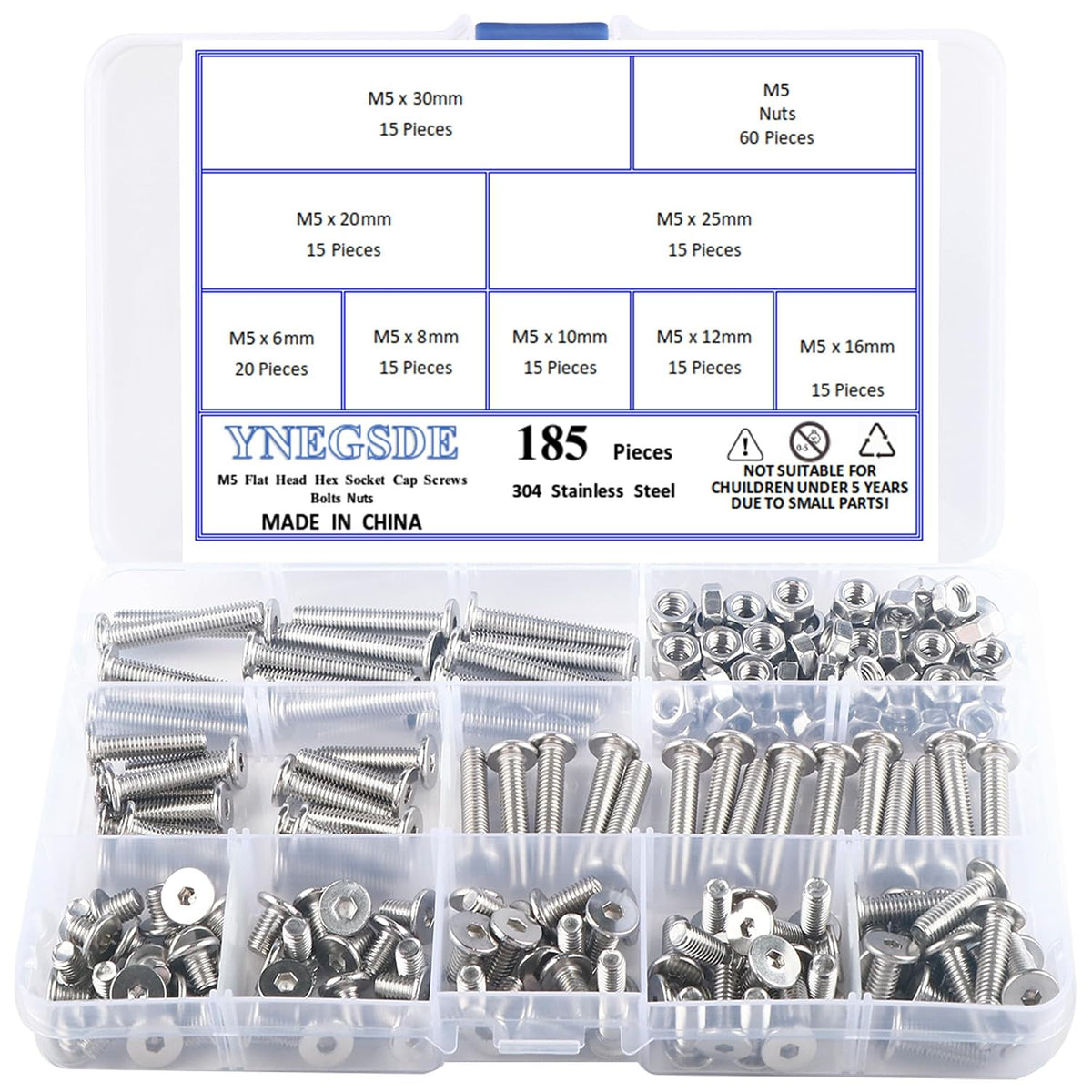 185Pcs M5 Metric Flat Head Hex Socket Cap Screws Bolts and Nuts Kit