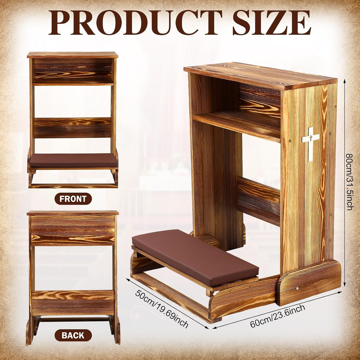 Solid Wood Prayer Bench Stool with Shelf and Cushion Church Prayer Bench Table Chair Padded Kneeler for Kneeling at