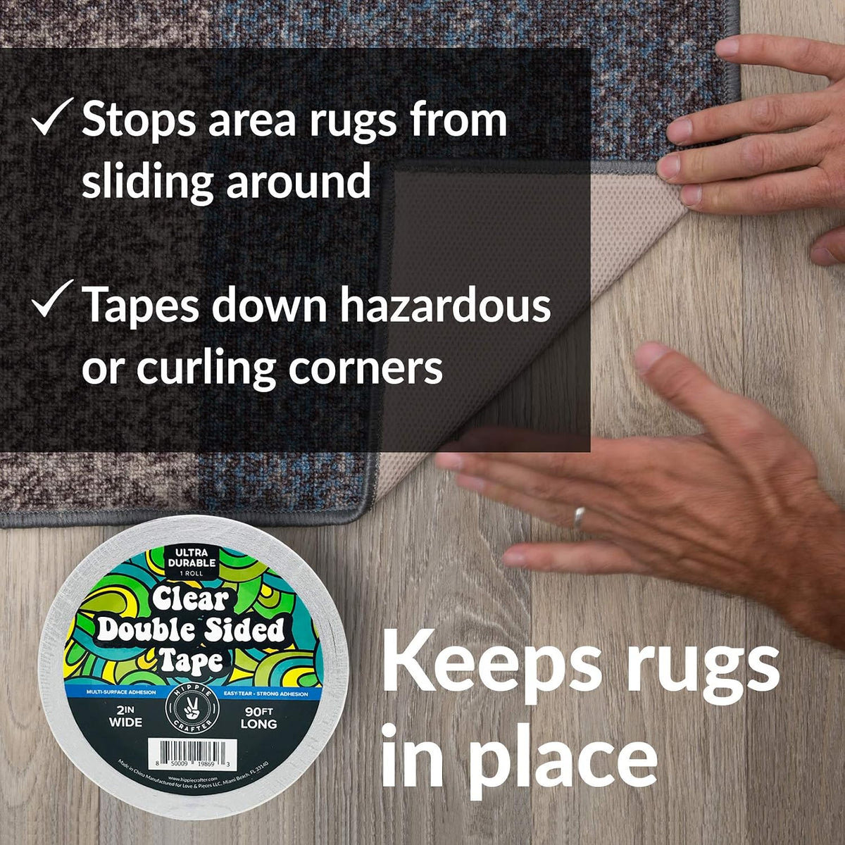 Clear Double Sided Tape, 2 Inch Wide Heavy-Duty Adhesive, Removable Mounting Rug Tape for Posters, Carpets, Wall-Safe
