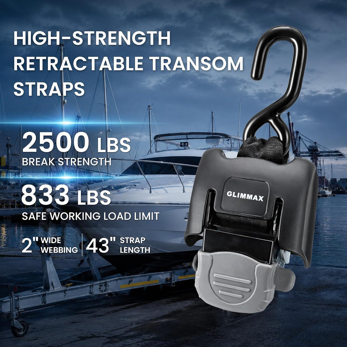Retractable Boat Transom Tie Down Strap, 1-Pack 2x43in 2500lb