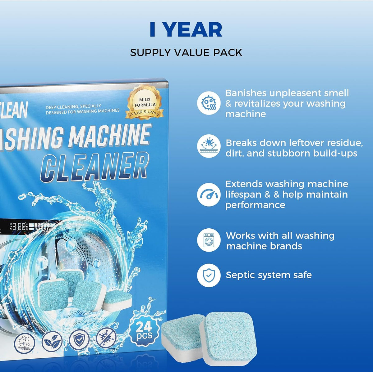 24 Washing Machine Cleaner Tablets, Descaler Odor Remover HE Washer