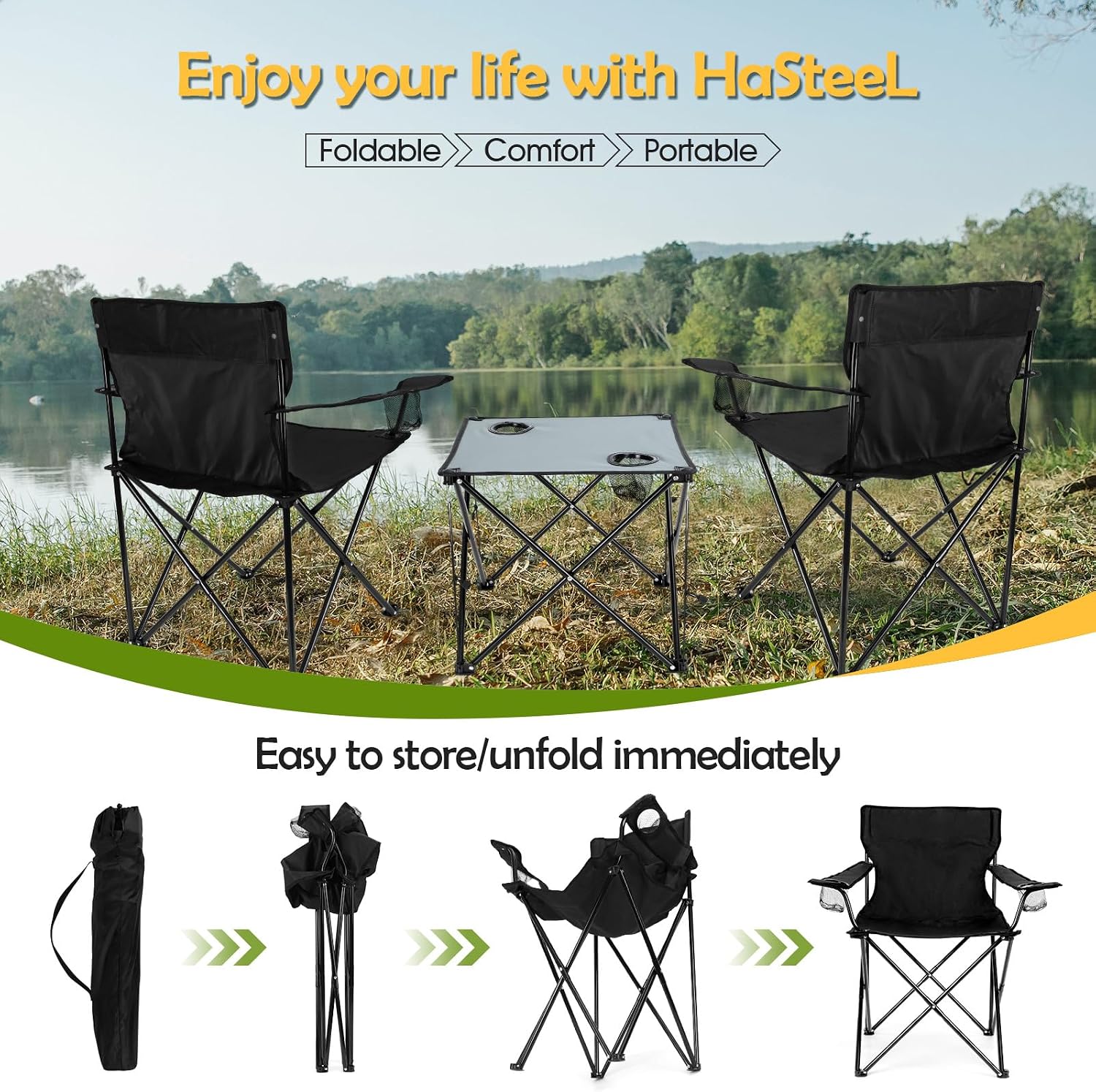 Folding Camping Chair Set of 3, Foldable Black Camp Chairs & Grey Table, Large Lawn Chair Portable for Adults Hiking