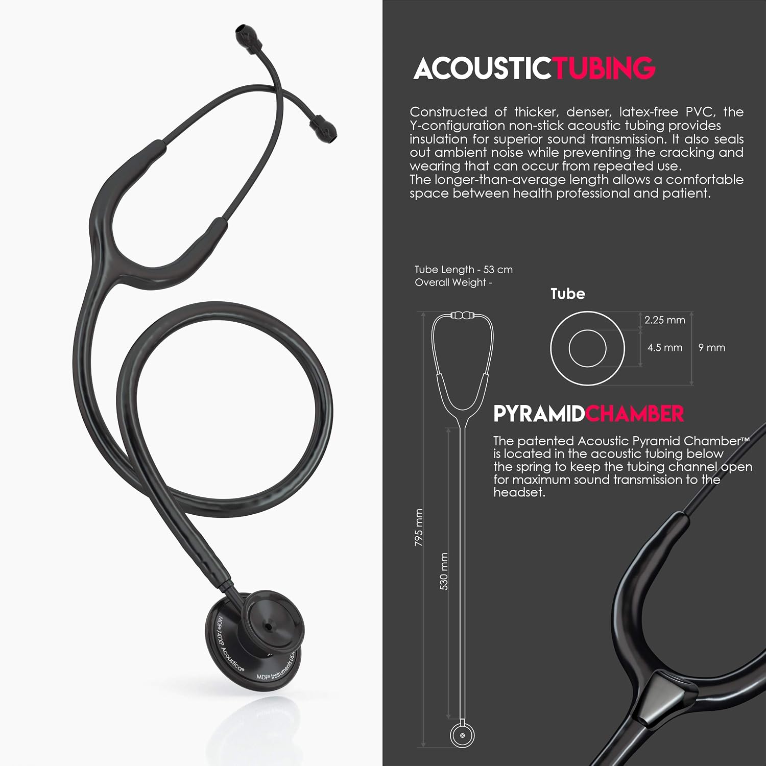 Acoustica Lightweight Stethoscope for Doctors, Nurses, Students, Home Health Use, Dual Head, Black Tube, Black