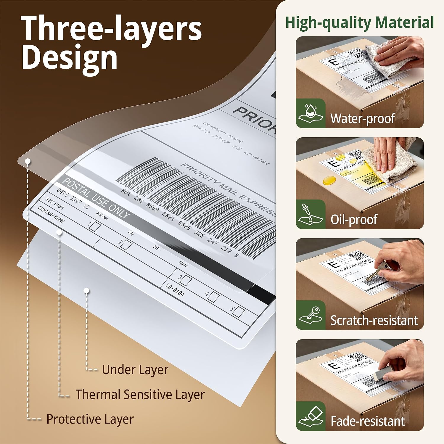 Direct Thermal Labels Fanfold: 4" x 6" Shipping Labels Adhesive 500Pcs | Resistance to Water Grease Scratches, Three