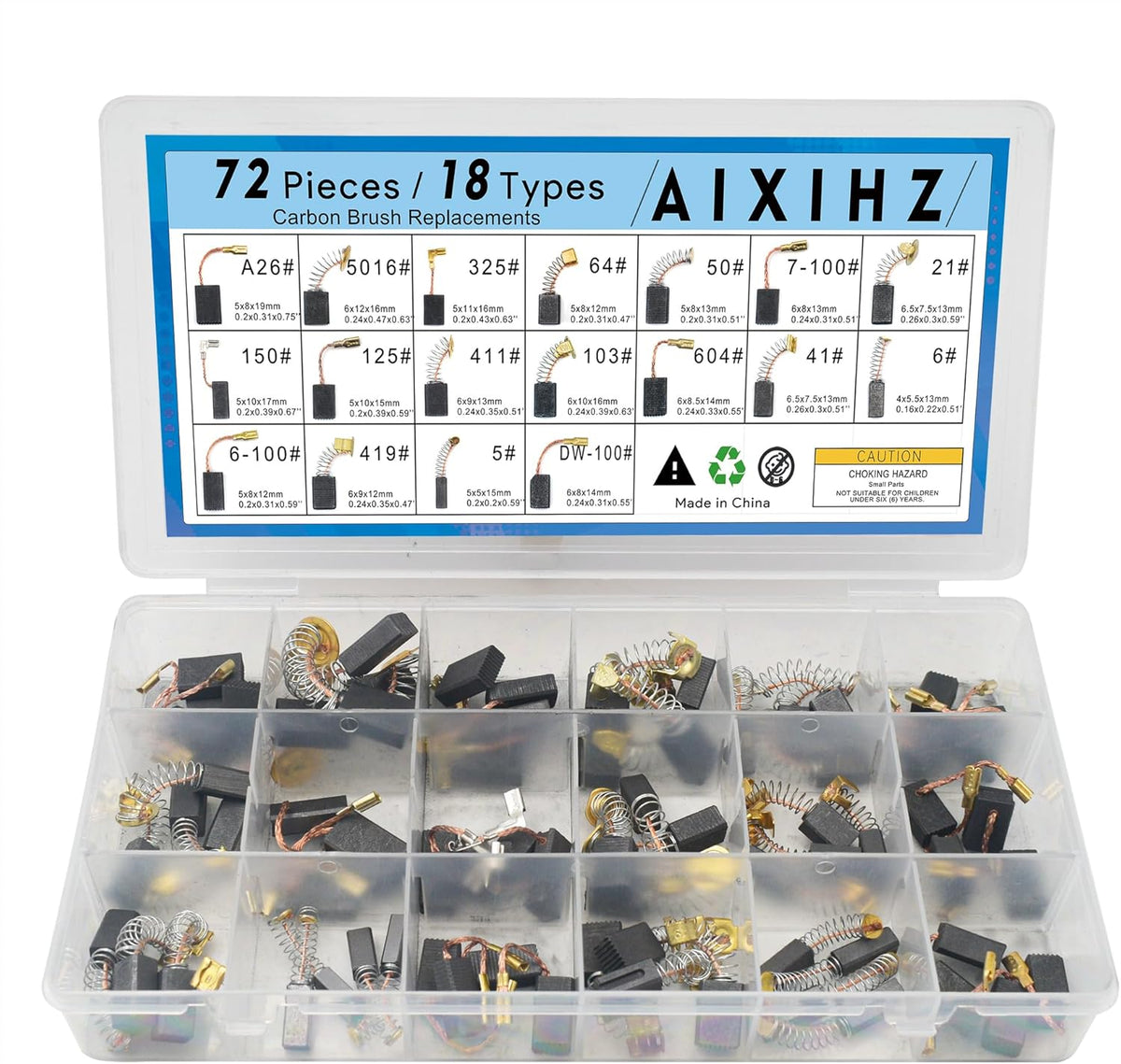 72PCS Carbon Brushes Set, 18 Sizes for Power Tools & Drills