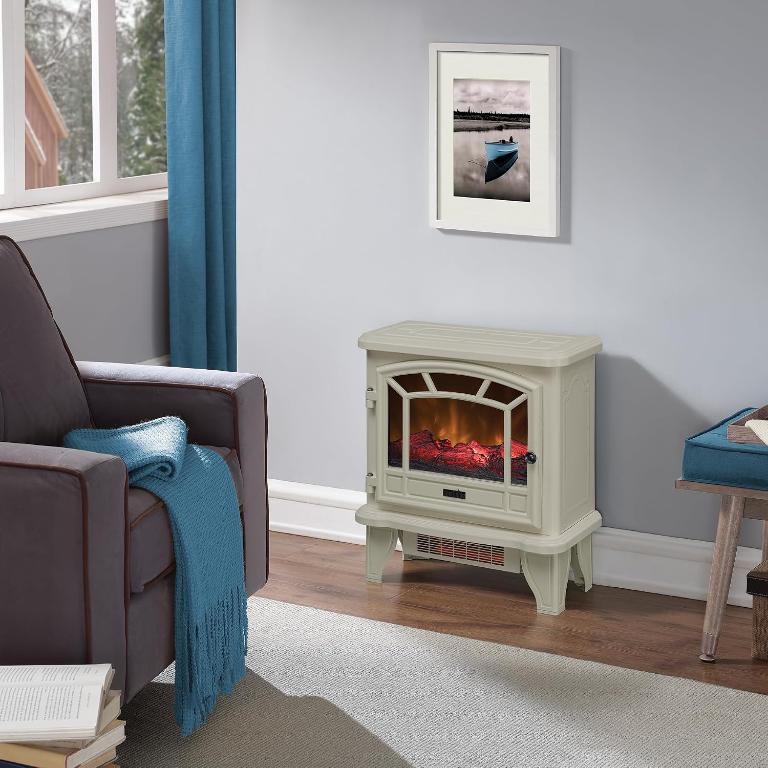 Infrared Quartz Electric Fireplace Stove Heater, Cream