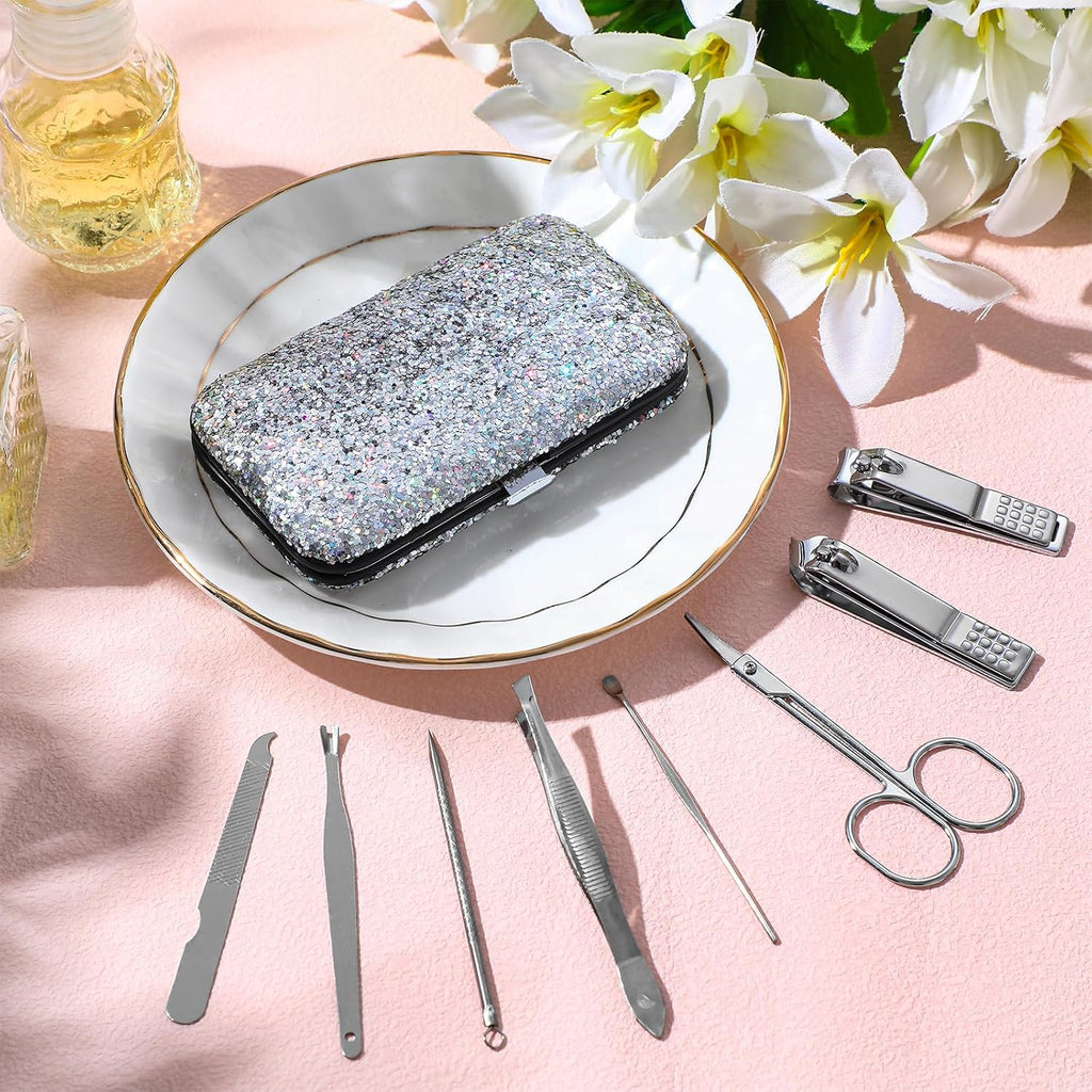 12 Set 8 in 1 Manicure Kit Gifts Nail Clippers, Glitter Silver