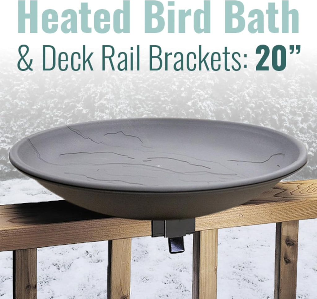 Wild Bird Lover's Heated Bird Bath w/Deck Rail Mounting Brackets, 20in