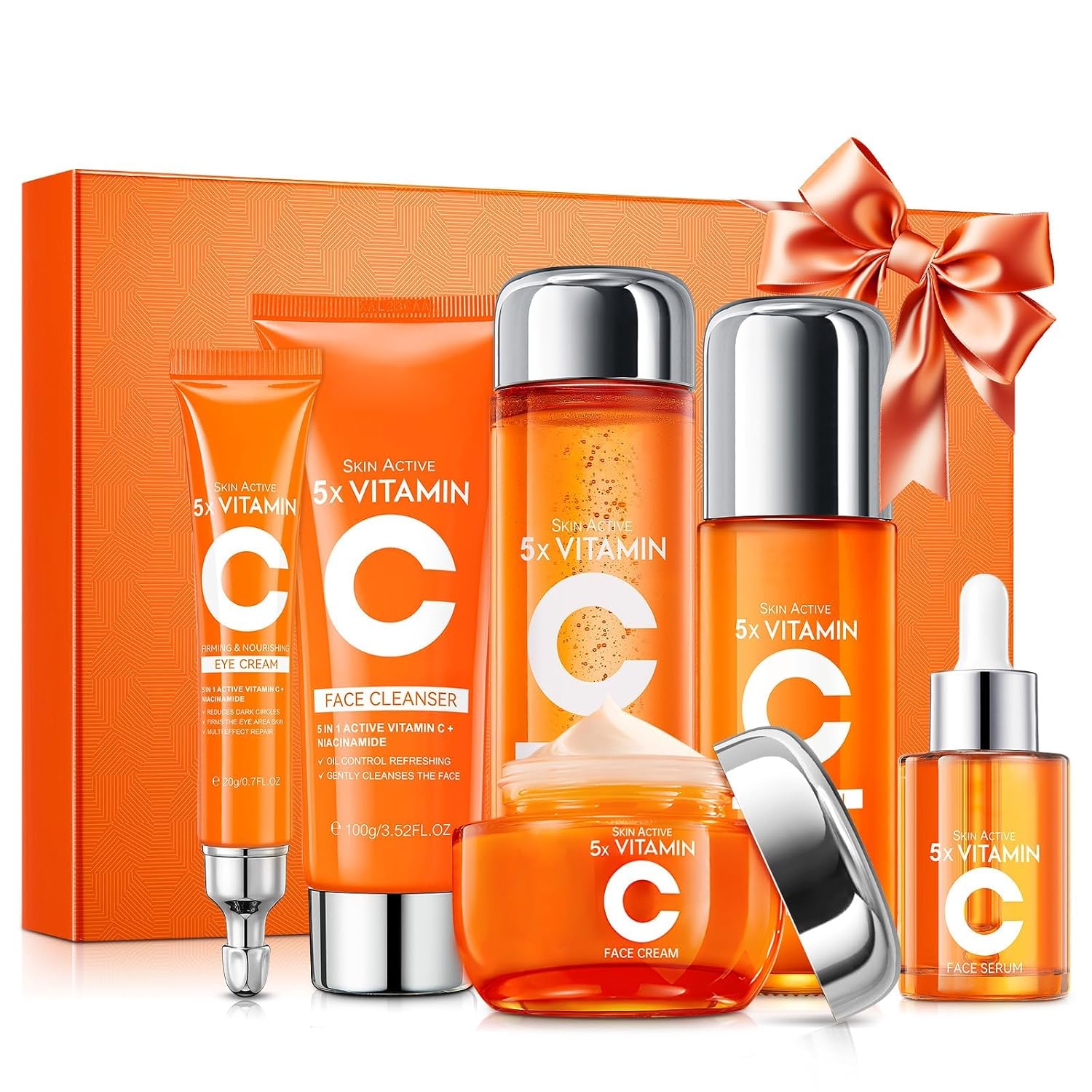 Vitamin C Skin Care Set for Women - 6PCS Skincare Gift Set With Facial Cleanser, Toner, Eye Cream, Serum, Lotion &
