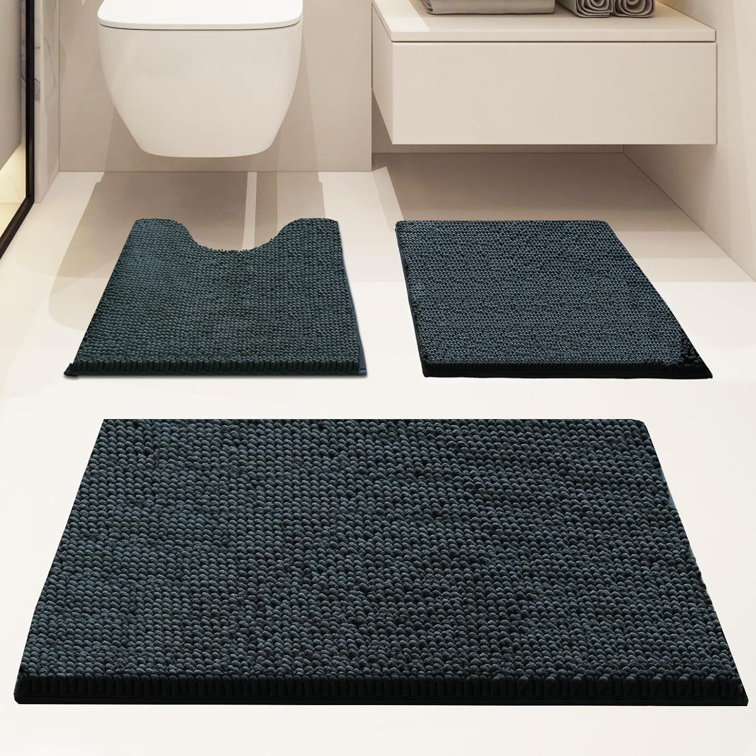 3 Piece Bathroom Rugs Set, Non-Slip Bath Mats with PVC Backing, Super Absorbent Washable Plush Carpet, Soft Shag Rug