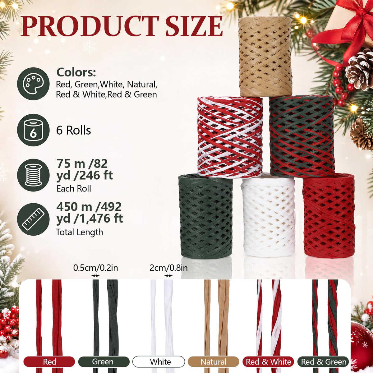 6 Rolls 1476ft Christmas Raffia Ribbon for Gift Wrapping
