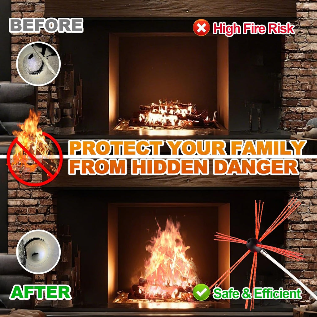 30FT Ergonomic Chimney Sweep Kit, Strong Brush & 9 Flexible Rods