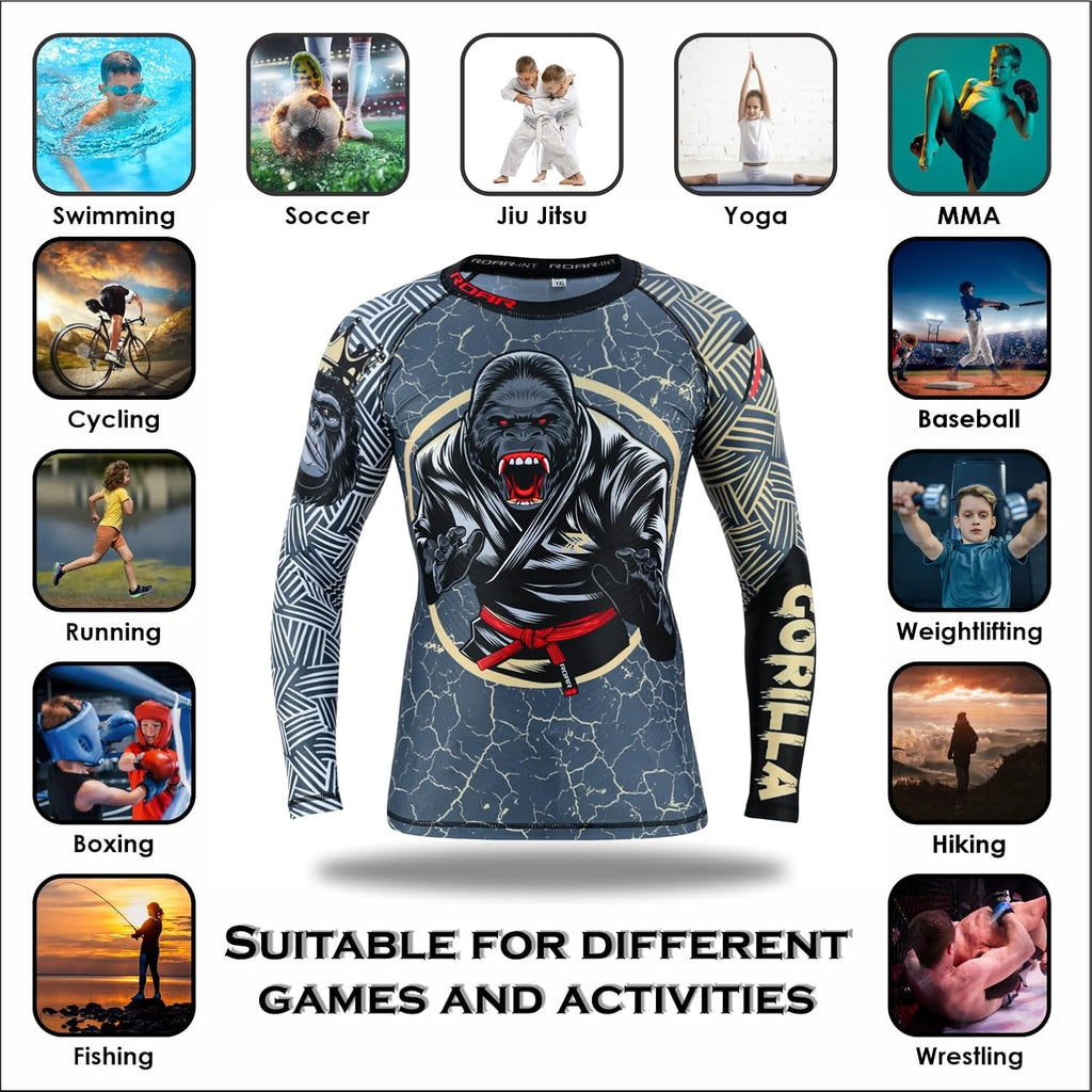 Roar BJJ Kid's MMA Rash Guard Training No-Gi and Gi Jiu Jitsu Rashguard MMA Grappling Compression Shirts Wrestling