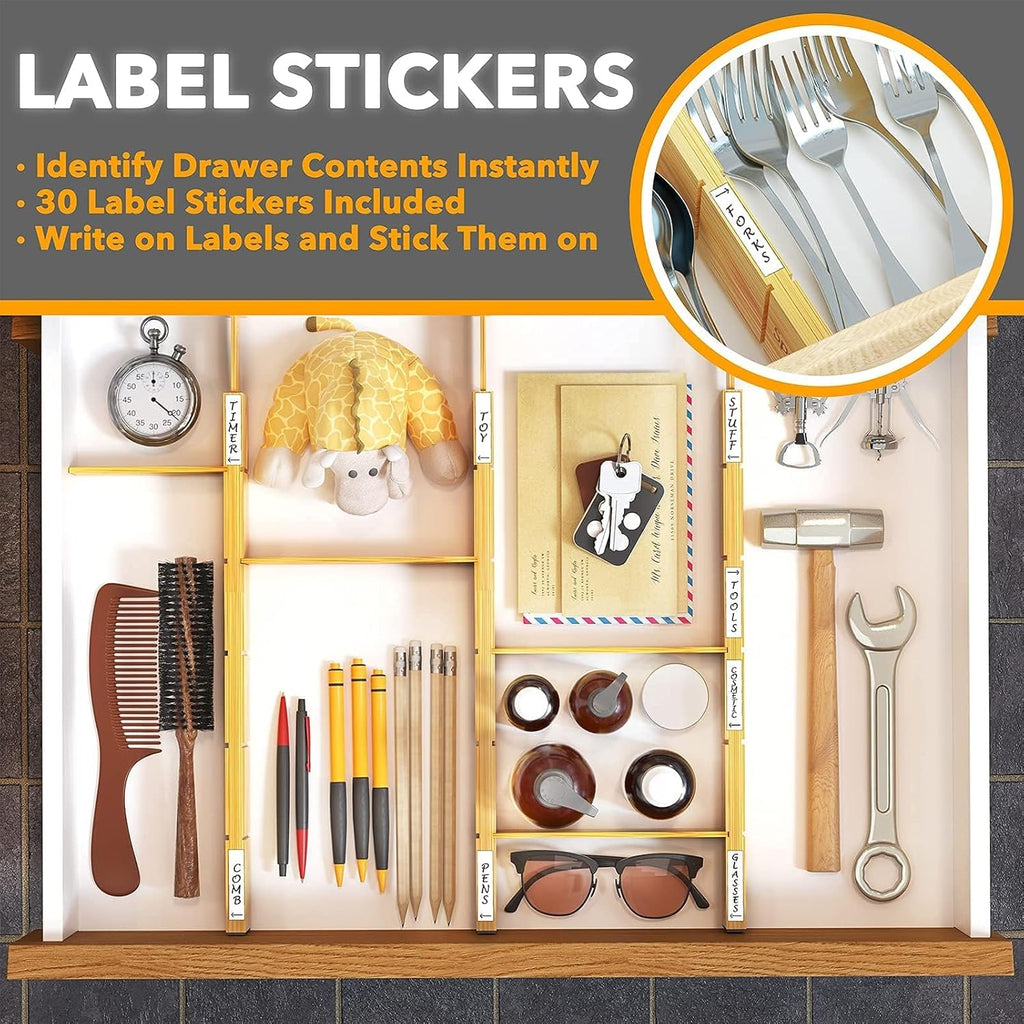 Bamboo Drawer Dividers with Inserts and Labels, Kitchen Adjustable Drawer Organizers, Expandable Organization for