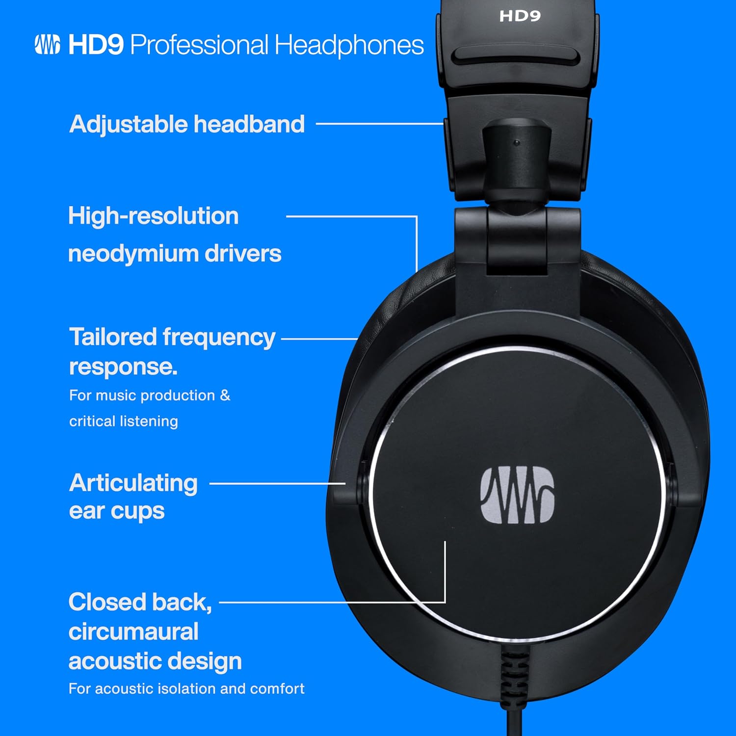 HD9 Professional Monitoring Headphones — High-Power Handling, Closed-Back, Circumaural Acoustic Design Studio