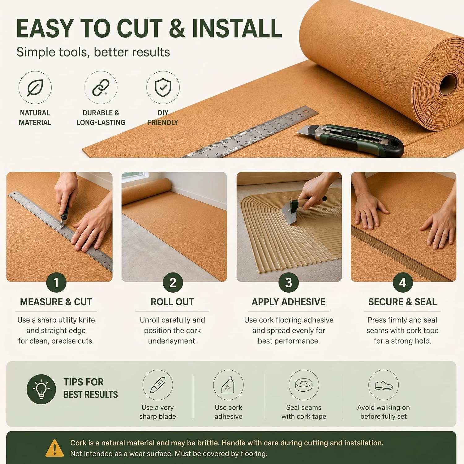 200 Sq. Ft. Cork Roll 48 x 600 Inch Cork Underlayment Roll Sound Insulation Mildew and Moisture Proof for Office Home