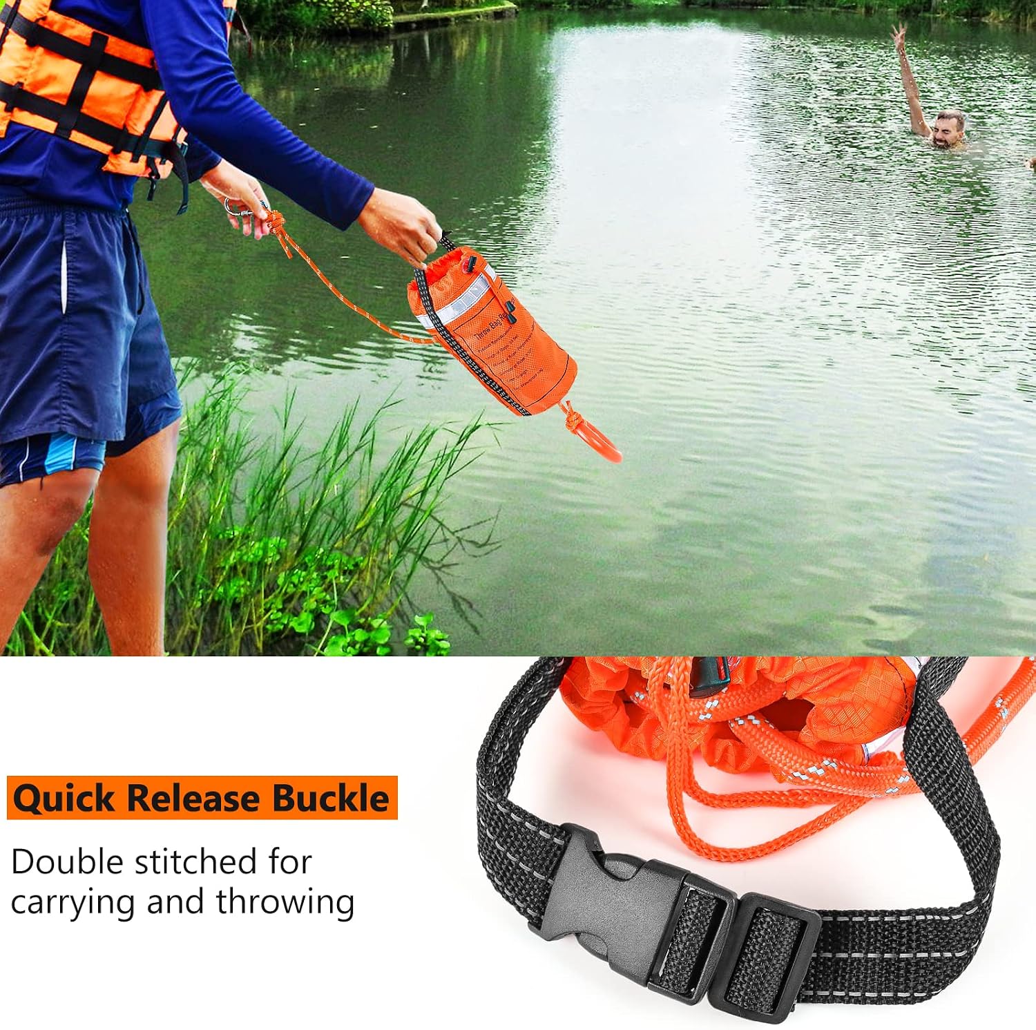 Water Rescue Throw Bag with 50/70/98 Feet of Rope in 3/10 Inch Tensile Strength Rated to 1844lbs, Throwable Device