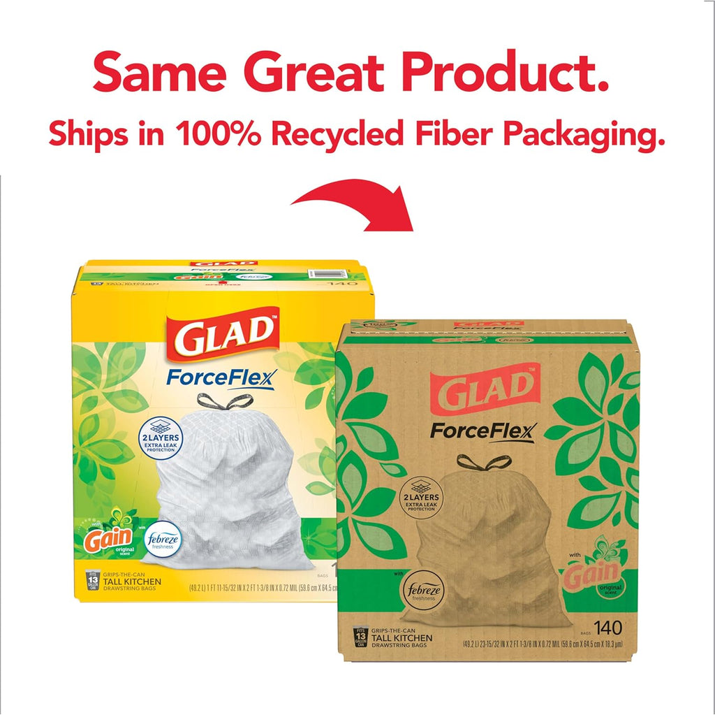 ForceFlex Tall Kitchen Trash Bags, 13 Gallon, Gain Original, 140 Count (Package May Vary)