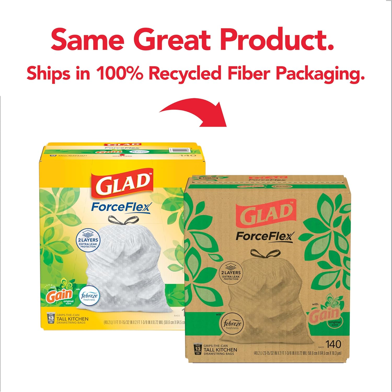 ForceFlex Tall Kitchen Trash Bags, 13 Gallon, Gain Original, 140 Count (Package May Vary)