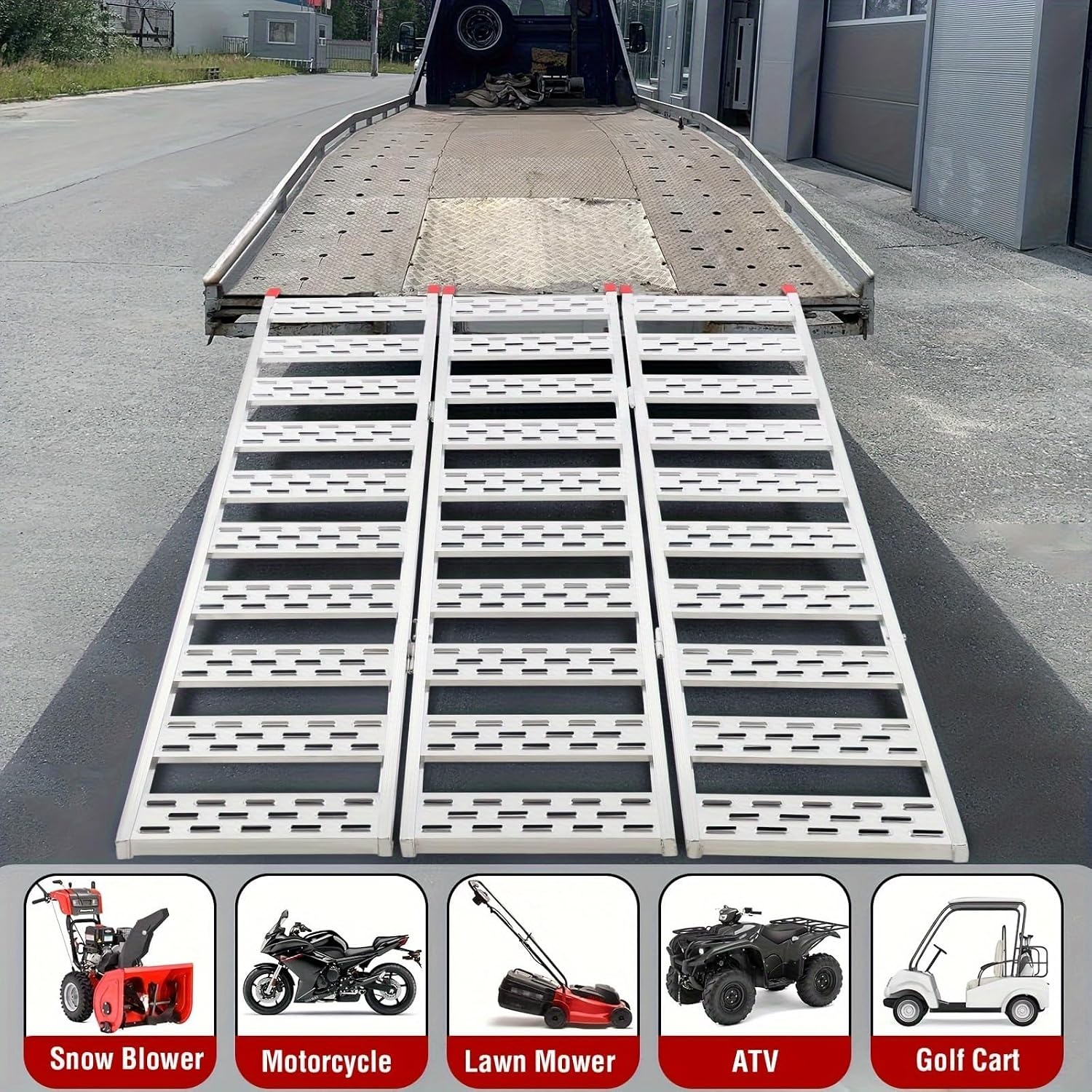Tri-Fold Aluminum ATV Ramps for Pickup Trucks, 1500 Lbs Capacity | 76" L x 50" W, with straps and a pair of gloves