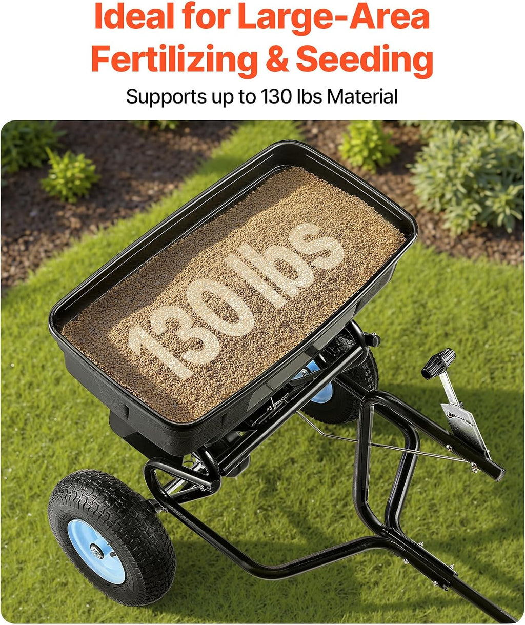 Tow Behind Broadcast Spreader, 130LBS Capacity, Tow/Push Garden Spreader with 13 in Tires, 30 Adjustable Setting &