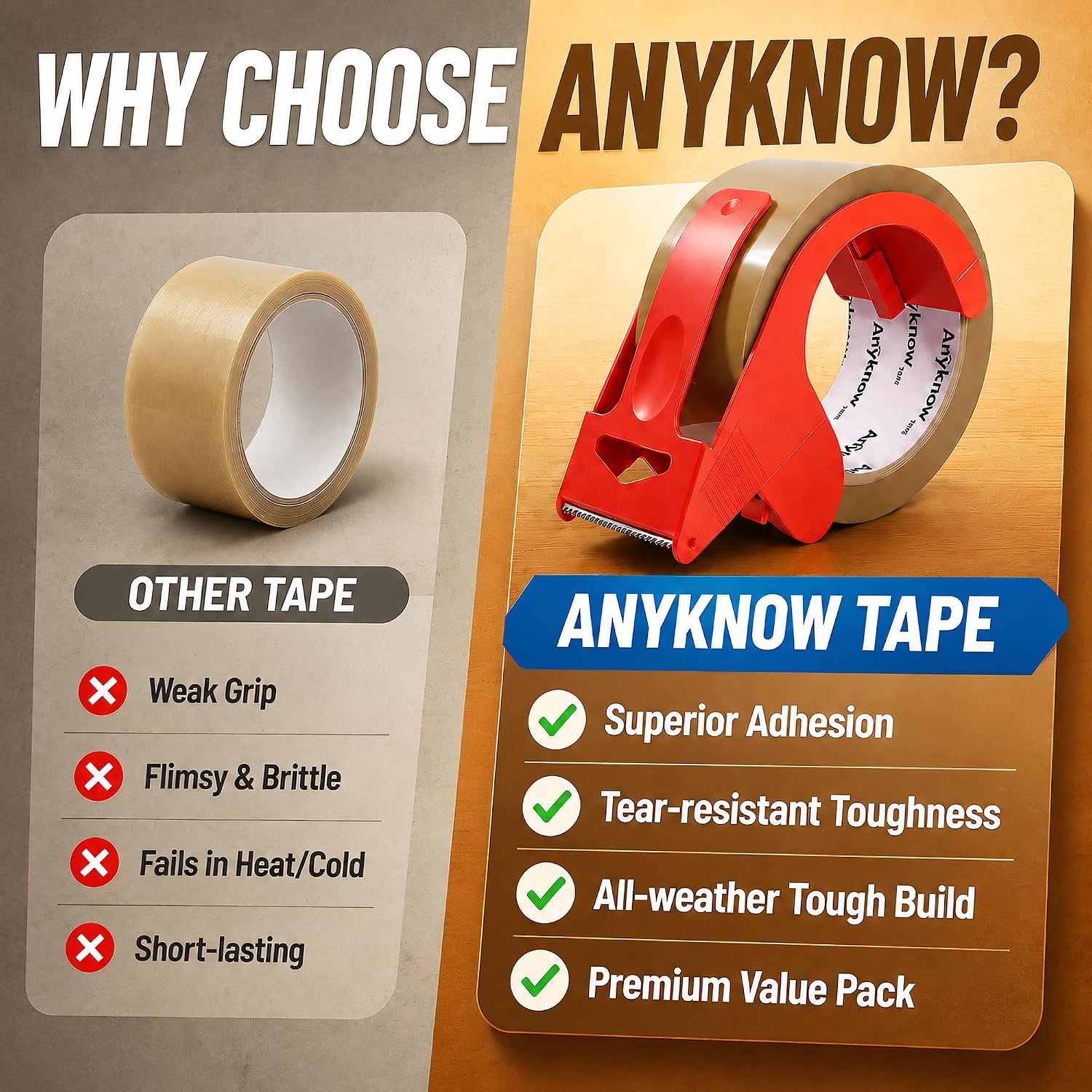 Heavy Duty Brown Packing Tape with Dispenser 1.88 In x 60 Yds 6 Rolls | Strong Adhesive Packaging Tape, Shipping Tape