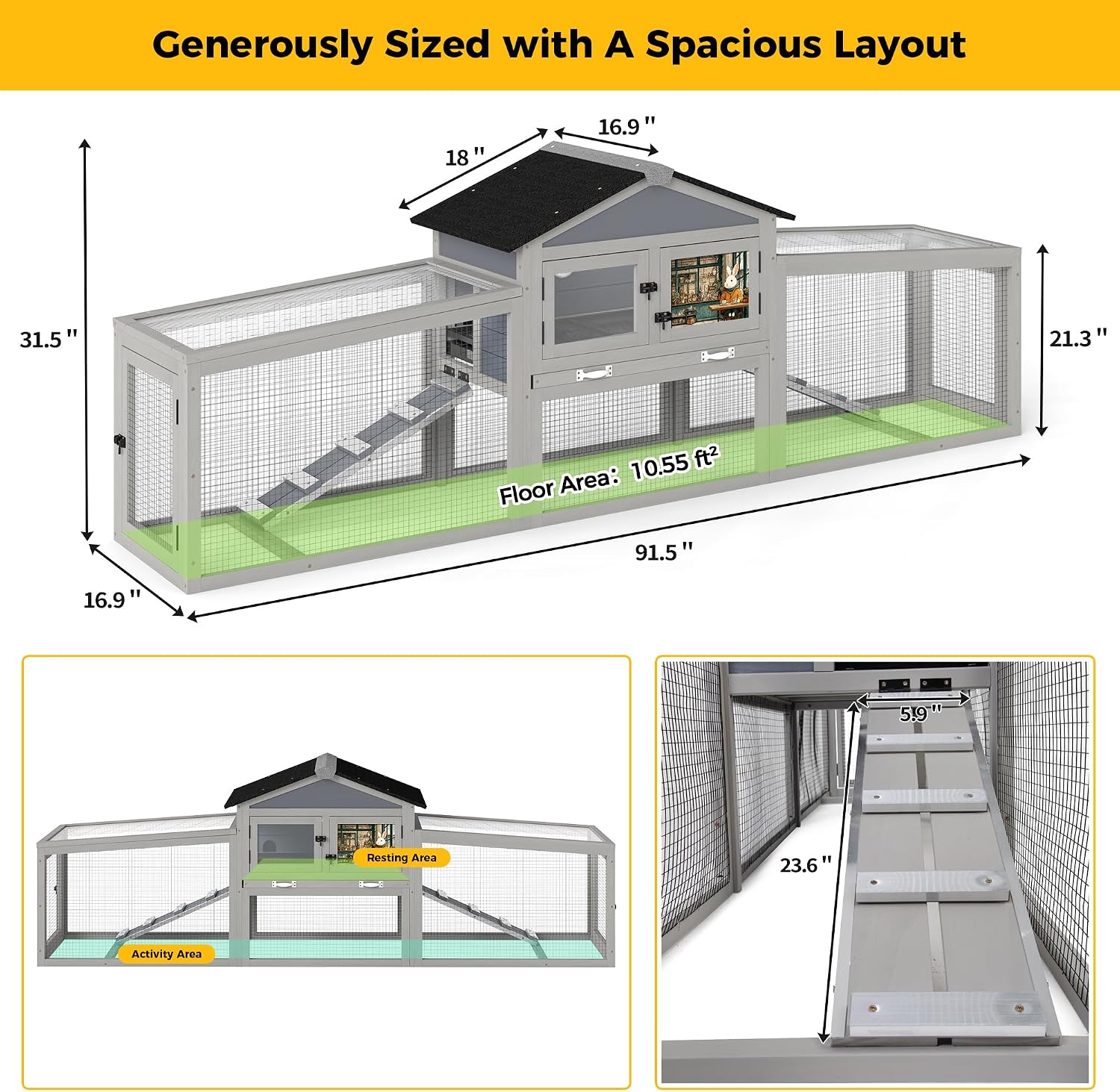 92in Rabbit Hutch, 2-Tier Bunny Cage with Asphalt Roof & 3 Run Boxe | 2-Tier Design With 2 Run Boxes, Asphalt Roof &