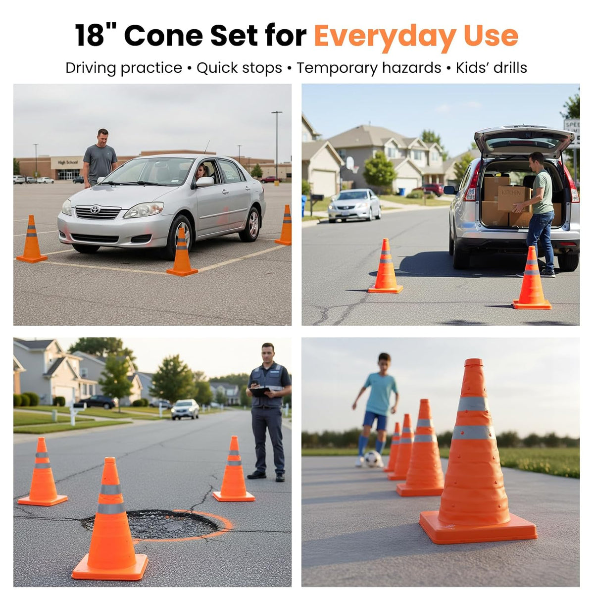 18 inch Collapsible Traffic Cones, Safety Cones with Reflective Collars, Multi Purpose Pop Up Extendable Road Safety