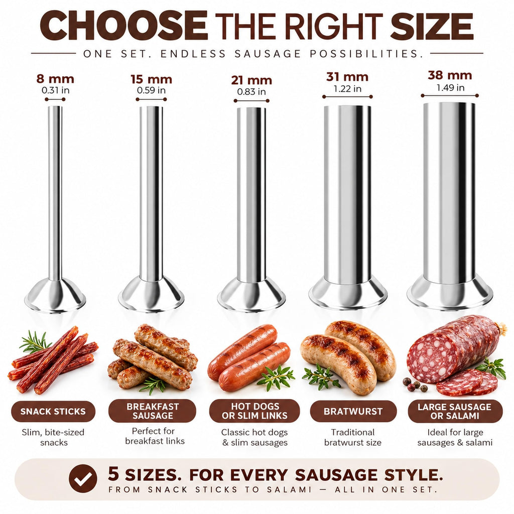 5-Size Sausage Stuffer Tubes, Stainless Steel, 52mm Base