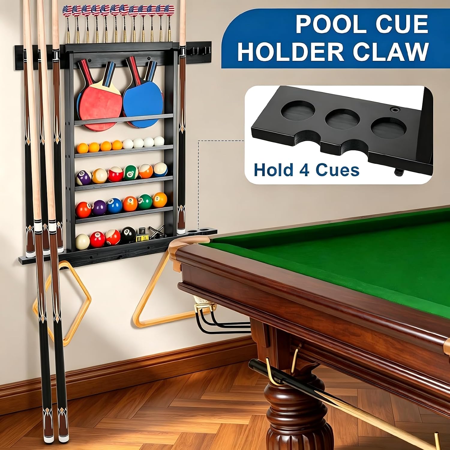 Pool Stick Holder Wall Mount, Pool Cue Rack, Ping Pong Paddle Holder, Dart Holder 3-IN-1,100% Solid Wood Billiard Cue
