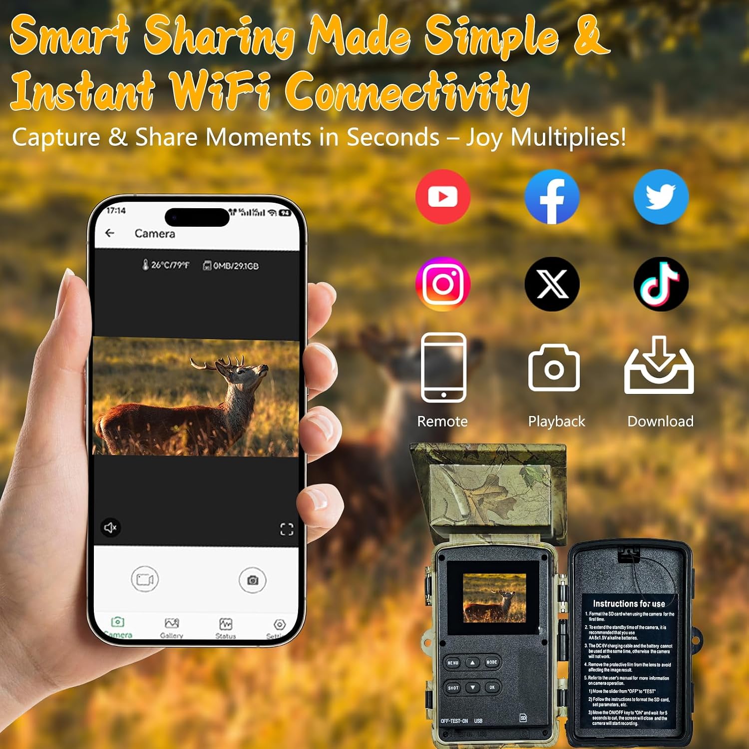 Solar Trail Camera, 5K 60MP WiFi Bluetooth Night Vision Game Camera | 5200mAh Battery, Rechargeable, 64GB SD Card