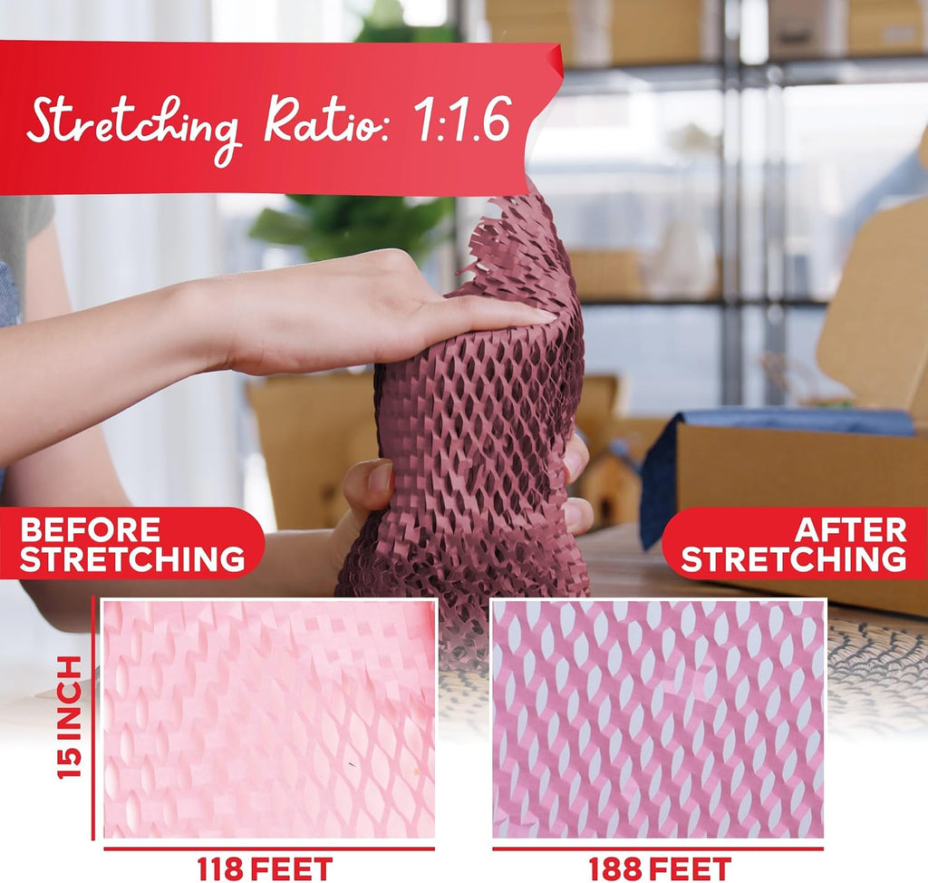 Pink Honeycomb Packing Paper for Moving 15-Inch x 118-Feet Bubble Honeycomb Wrap, Honeycomb Wrapping Paper for