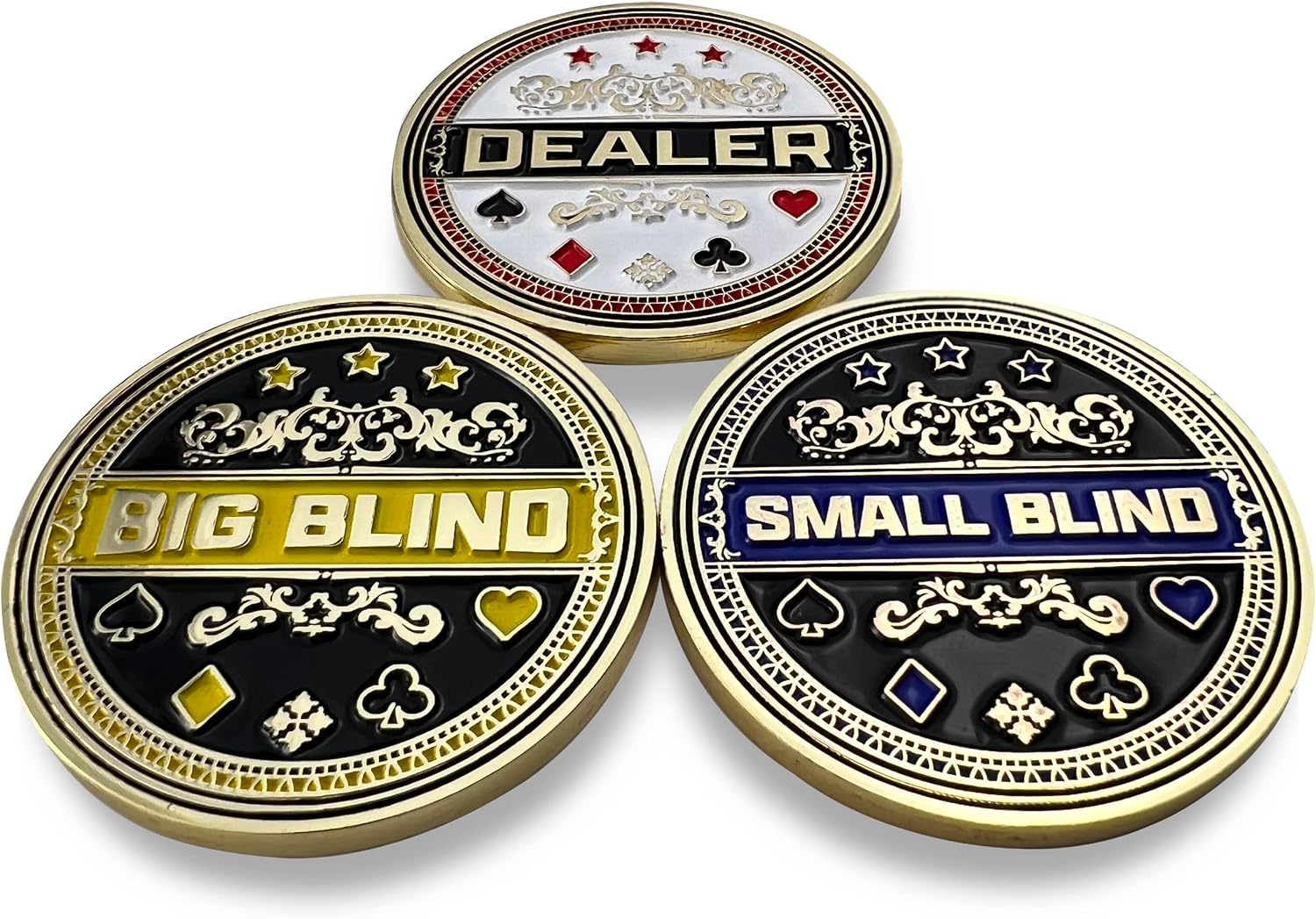 Set of 3 Metal Poker Buttons - Dealer Button, Big Blind and Small Blind | Metal poker position markers for Texas Hold