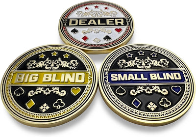 Set of 3 Metal Poker Buttons - Dealer Button, Big Blind and Small Blind | Metal poker position markers for Texas Hold