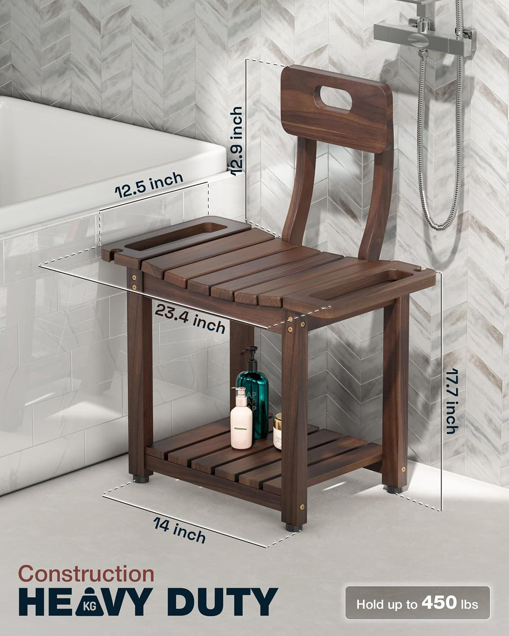 23.4'' Shower Chair with Backrest Bath Chair for Inside Shower or Tub, Heavy Duty 450 lbs Support, Non-Slip Feet